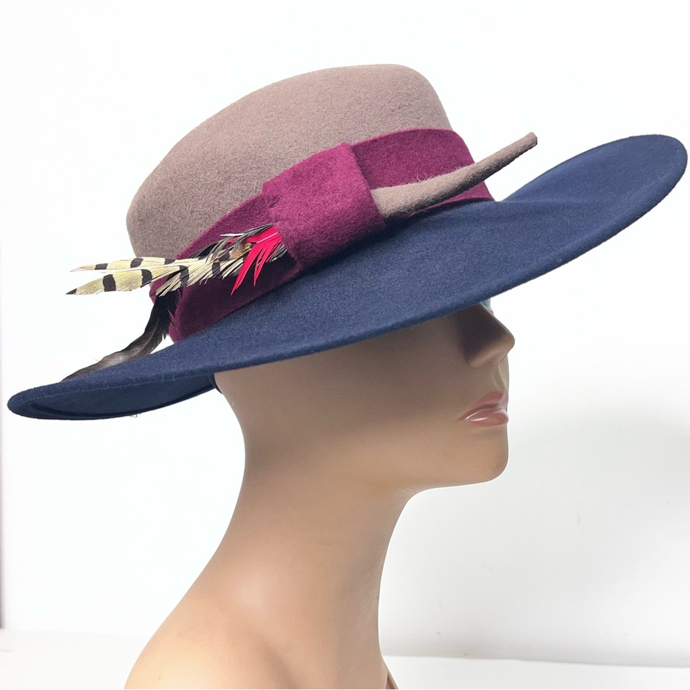 Frank Olive Private Collection Wide-Brim Two-Tone Fedora Feather Felt Hat - Picture 4 of 15